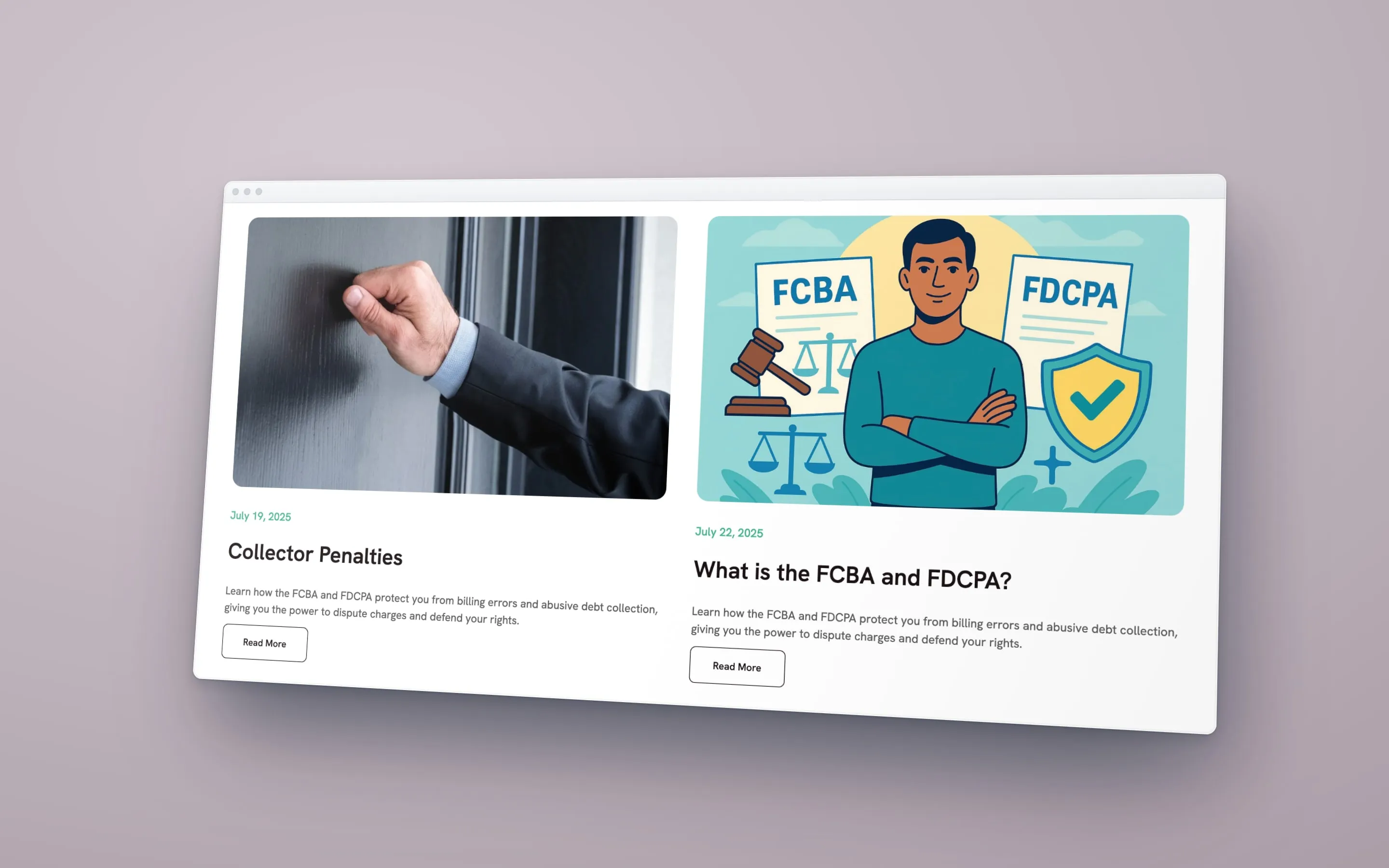 An angled screen showing two blog post cards from the Credo Legal site: Collector Penalties, and What is the FCBA and FDCPA