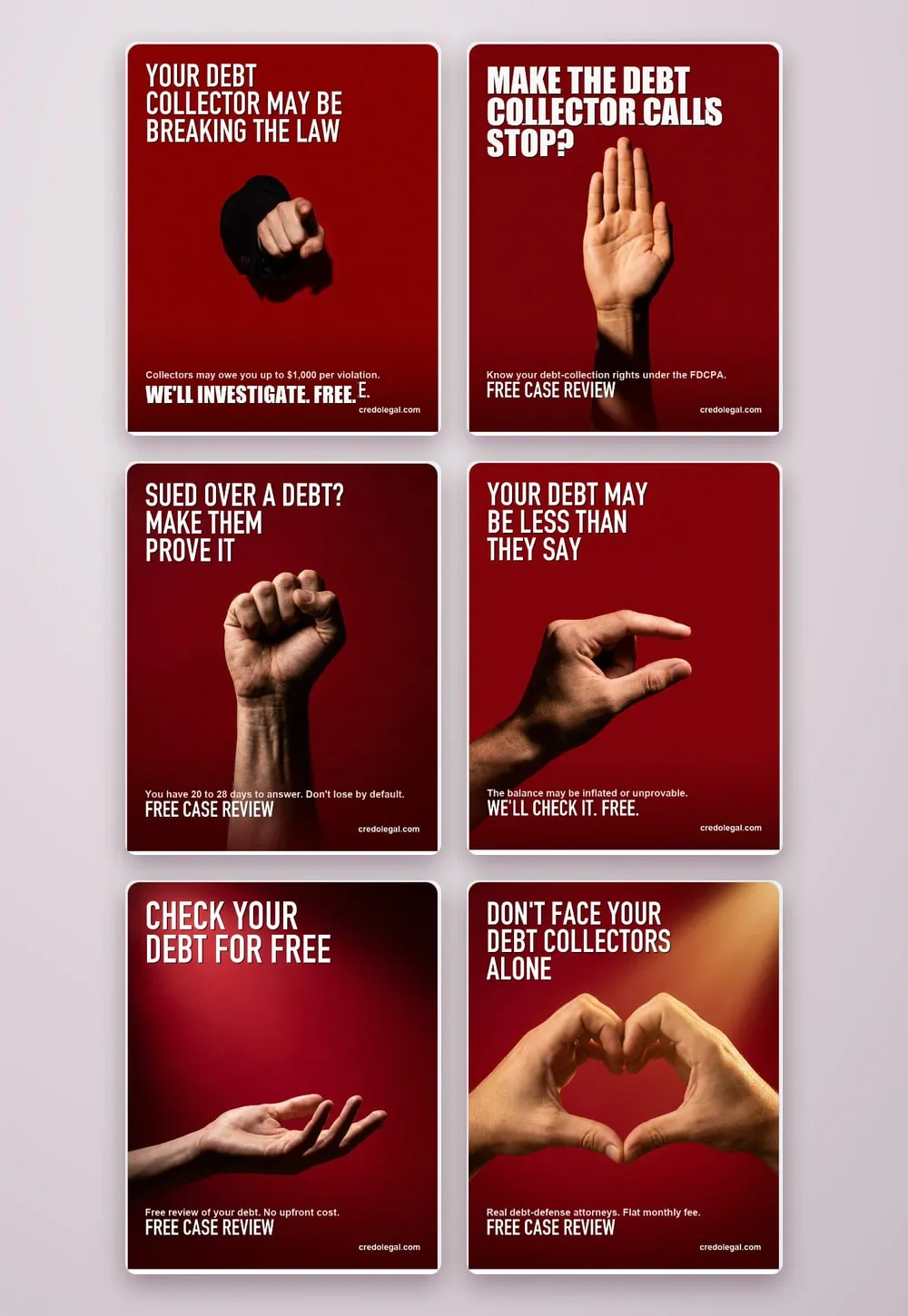 Six Meta ad variations on red backgrounds arranged in two columns, each with a hand gesture and a headline about debt collectors, ending in a free case review
