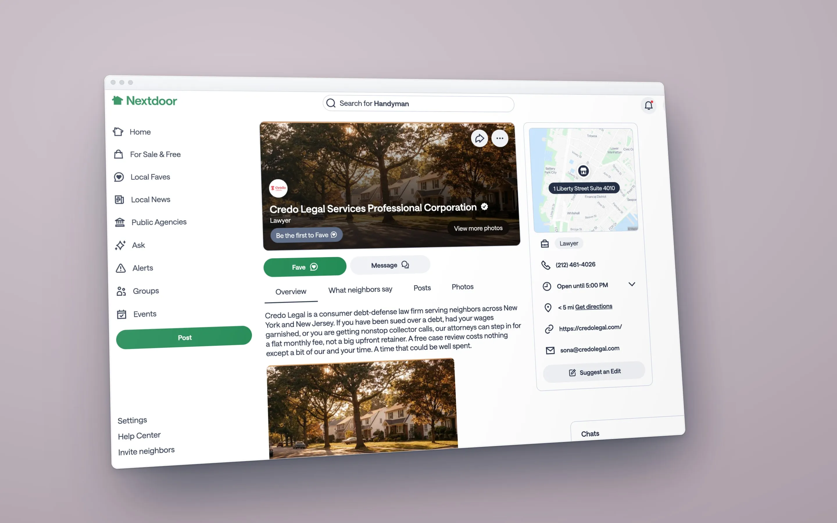An angled screen showing the Credo Legal business page on Nextdoor with a tree-lined street photo, a map of the Financial District office, and the firm description