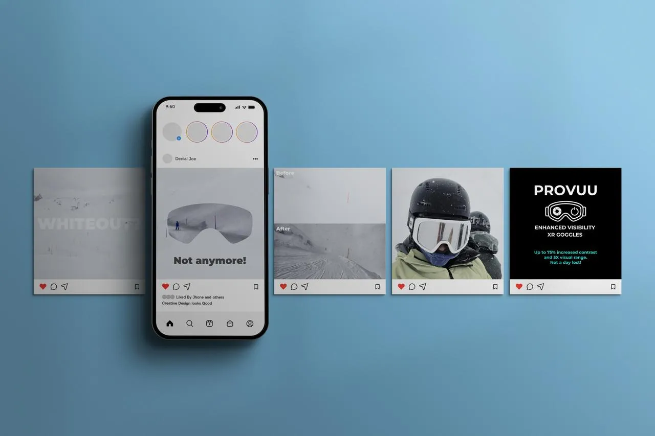 Five Instagram posts for Provuu shown on a phone: a whiteout scene, the view through the goggles with the line Not anymore, a before and after comparison, a skier wearing the goggles, and the brand card