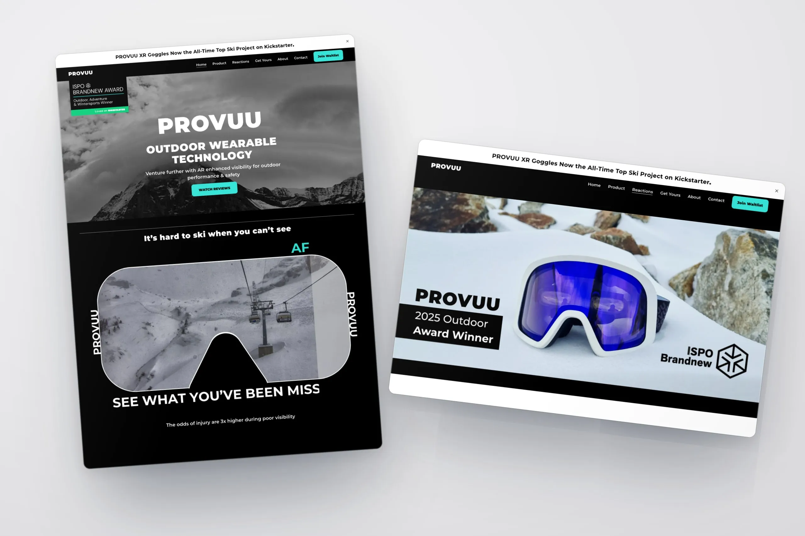 Two angled browser windows on a blue-gray backdrop showing the Provuu home page and the Reactions page