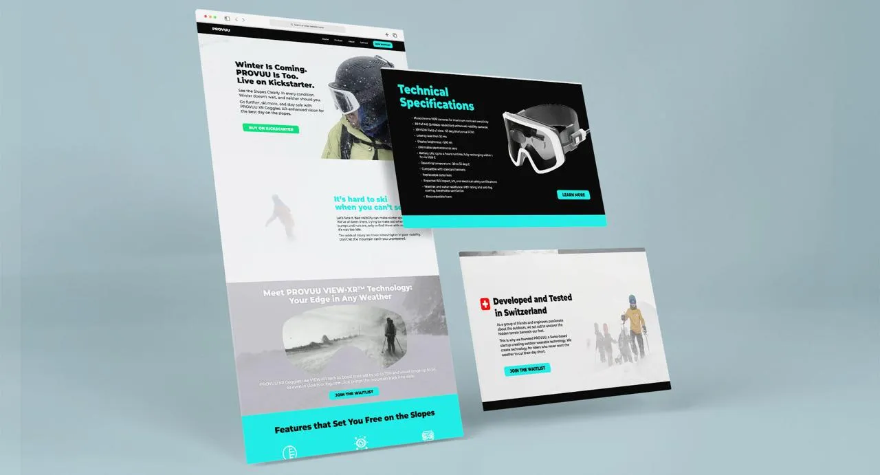 Mockup of the Provuu website pages built for the Kickstarter launch: the landing page, the technical specifications panel, and the Developed and Tested in Switzerland section