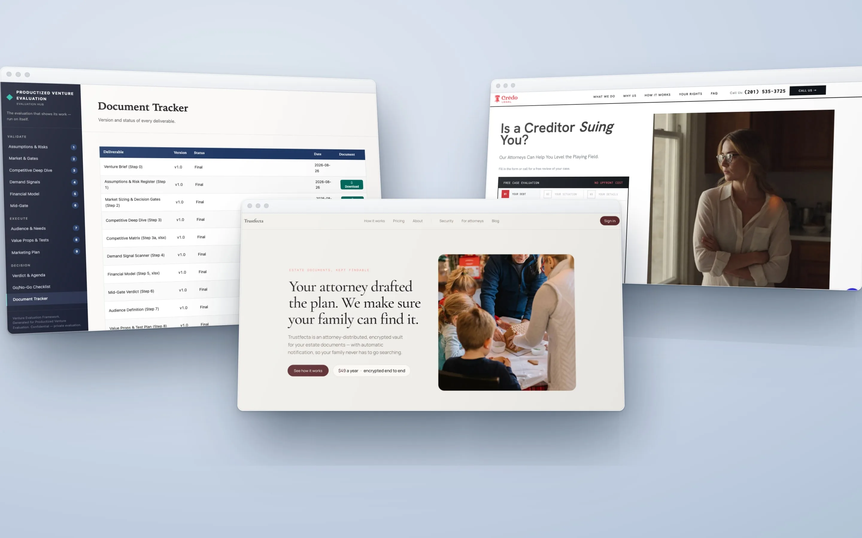 Three angled screens: a Venture Evaluation hub, the Trustfecta website, and a Credo Legal landing page