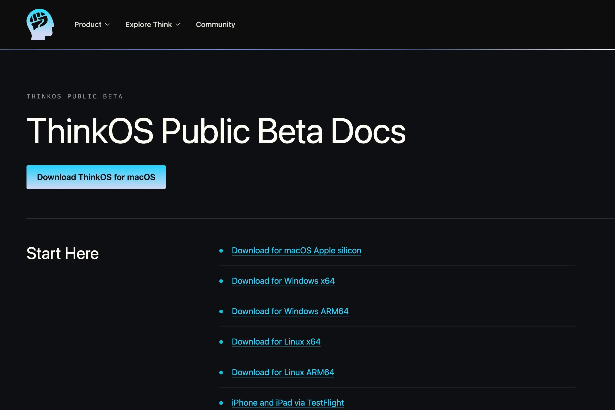 The ThinkOS Public Beta Docs page with downloads for macOS, Windows, Linux, and TestFlight