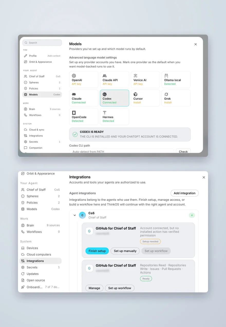 Two cards: the Models settings with providers such as OpenAI, Claude, Ollama, Codex, and Cursor, and the Integrations settings showing agent-owned GitHub access