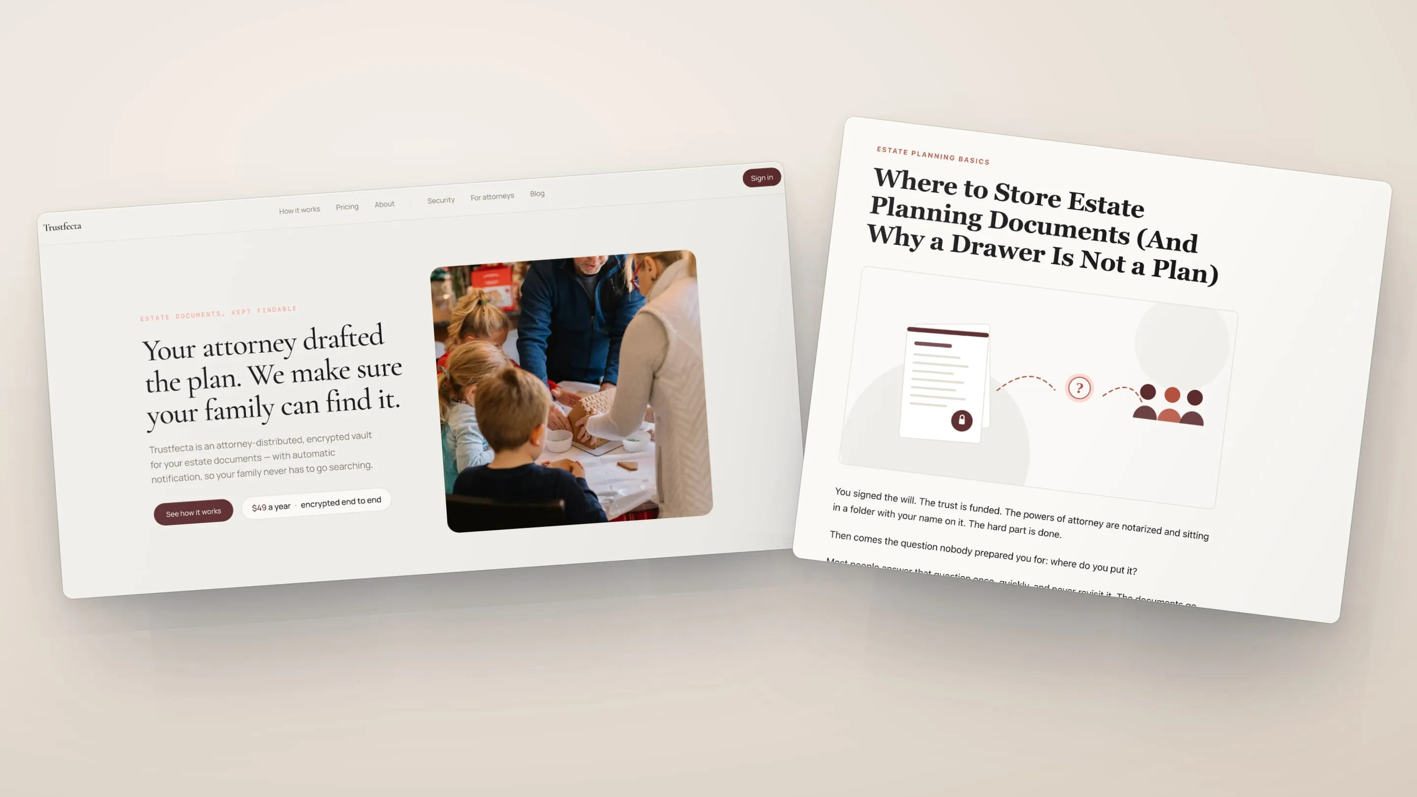 Two angled screens on a light backdrop: the Trustfecta home page, and a blog article titled Where to Store Estate Planning Documents