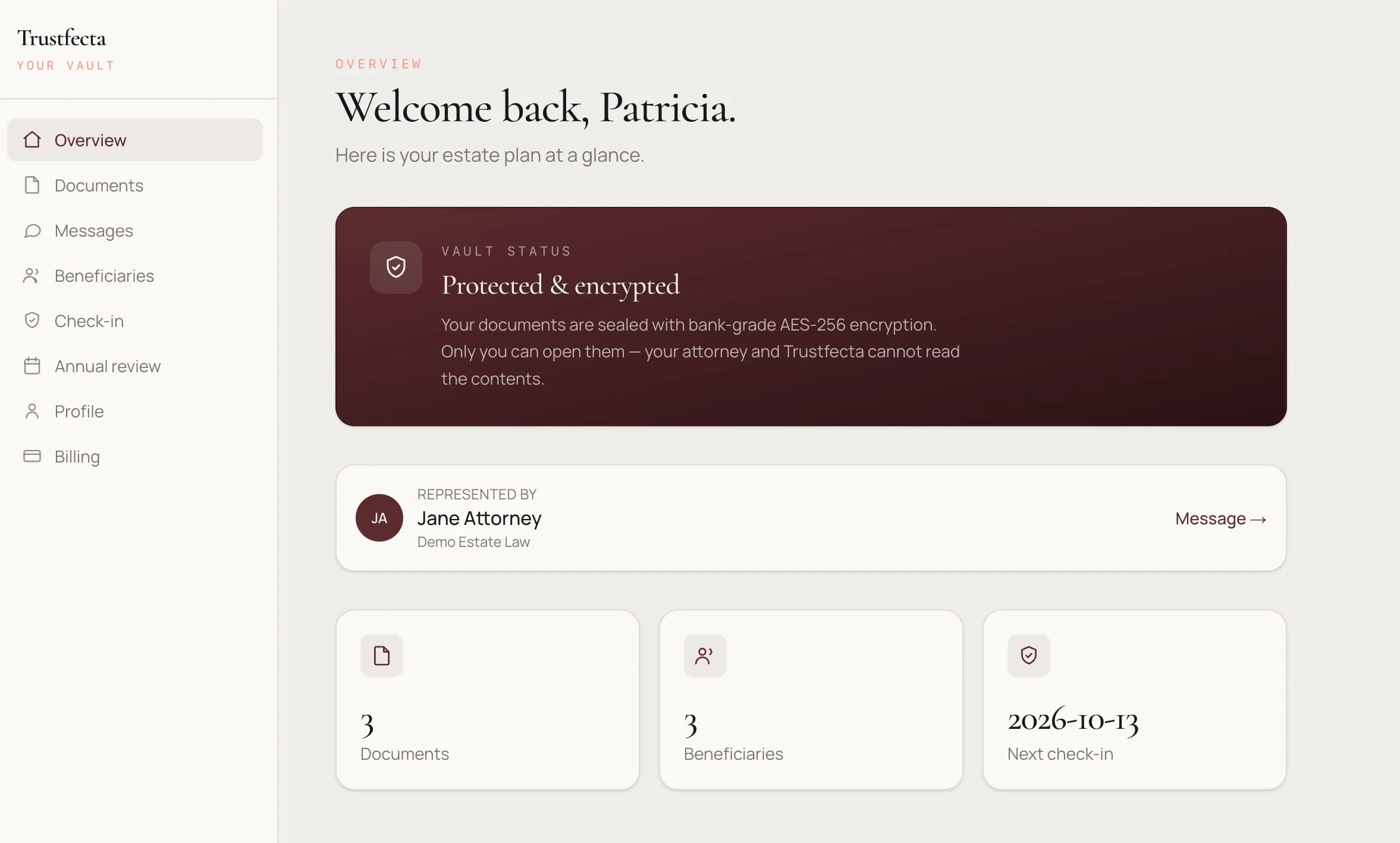 The Trustfecta vault for a client: vault status protected and encrypted, the attorney who represents them, and counts of documents, beneficiaries, and the next check-in