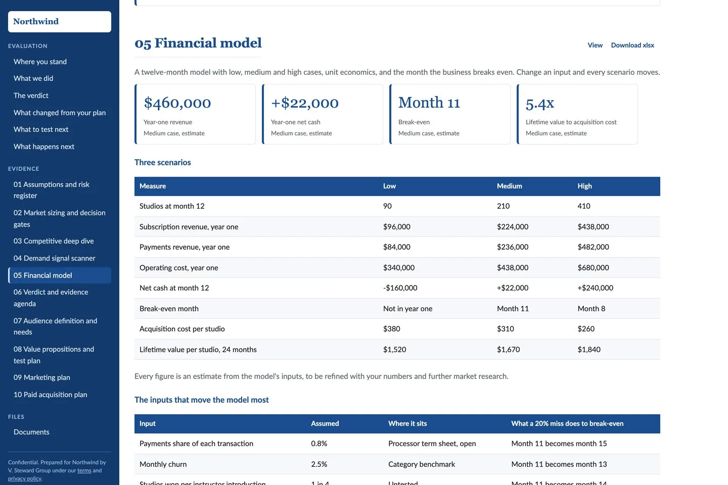 The financial model: year-one revenue, net cash, break-even month and lifetime value to acquisition cost, each marked as an estimate, and a low, medium and high scenario table